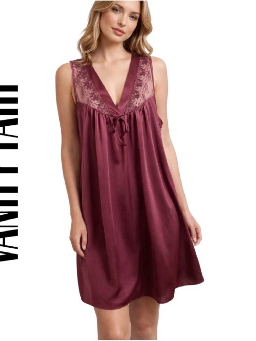 Vanity Fair Lace Nylon Nightgown with Sheer Top In Burgundy Size Large